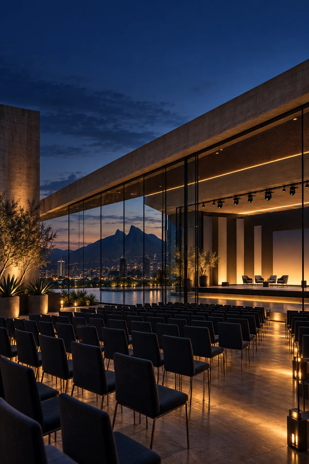 Foro arquitectónico ficticio iluminado al anochecer, creado para Horizonte.