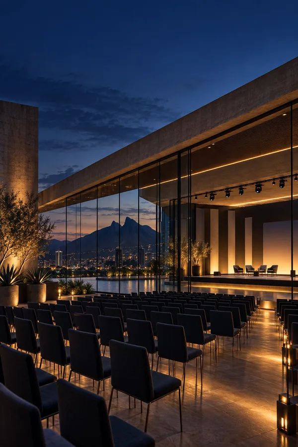 Foro arquitectónico ficticio iluminado al anochecer, creado para Horizonte.