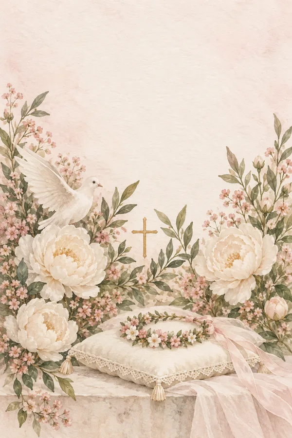 Flores, una paloma, una cruz y una corona infantil en acuarela rosa suave.