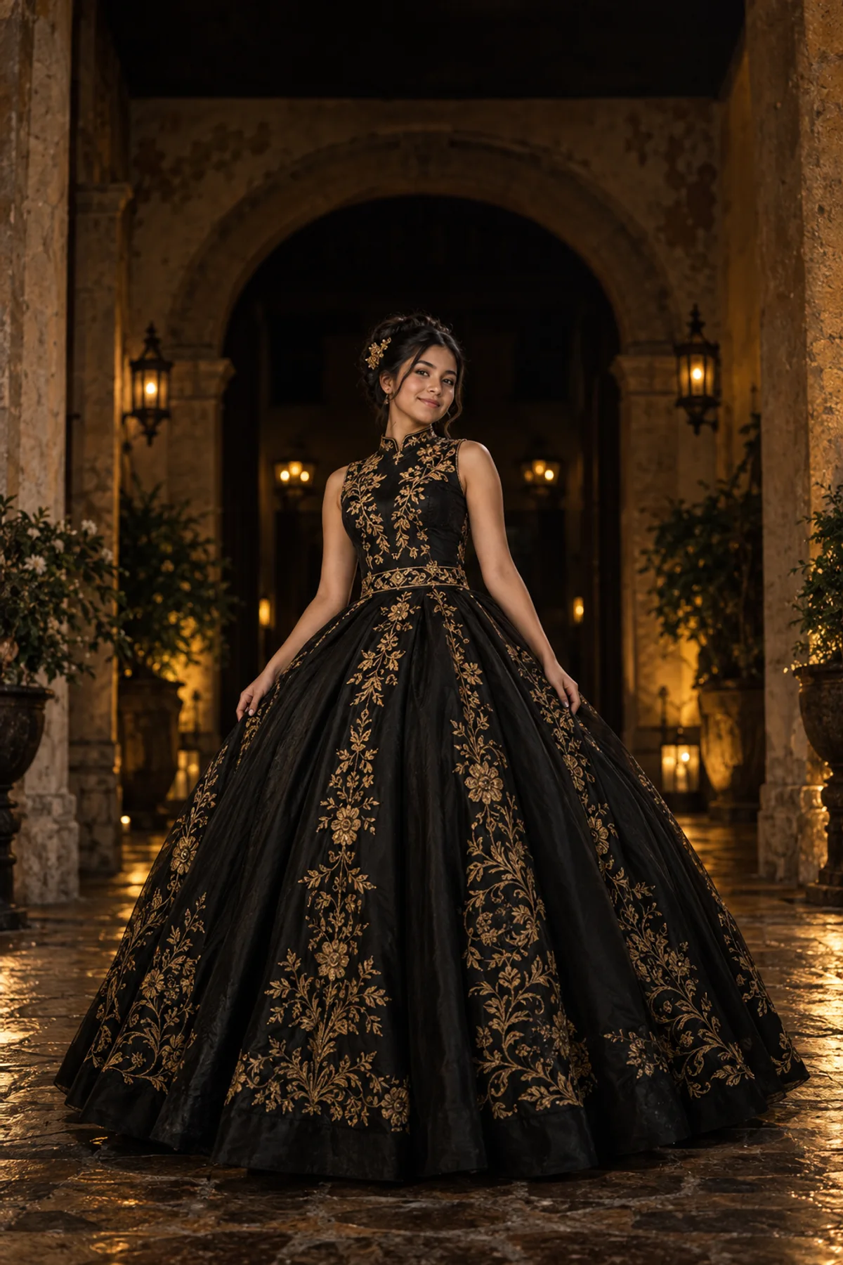Quinceañera ficticia con vestido de gala negro y bordado dorado, creada para la muestra Medianoche.