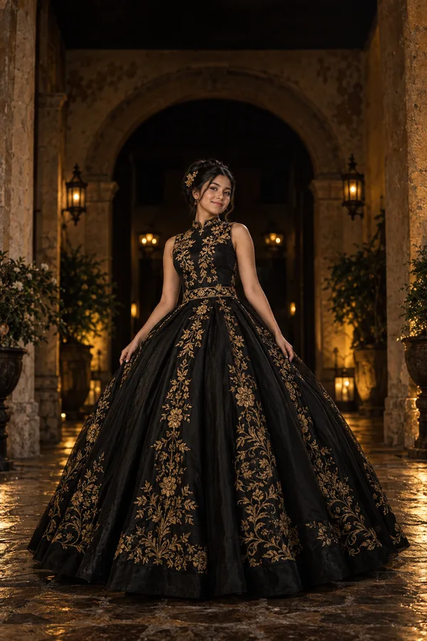 Quinceañera ficticia con vestido de gala negro y bordado dorado, creada para la muestra Medianoche.