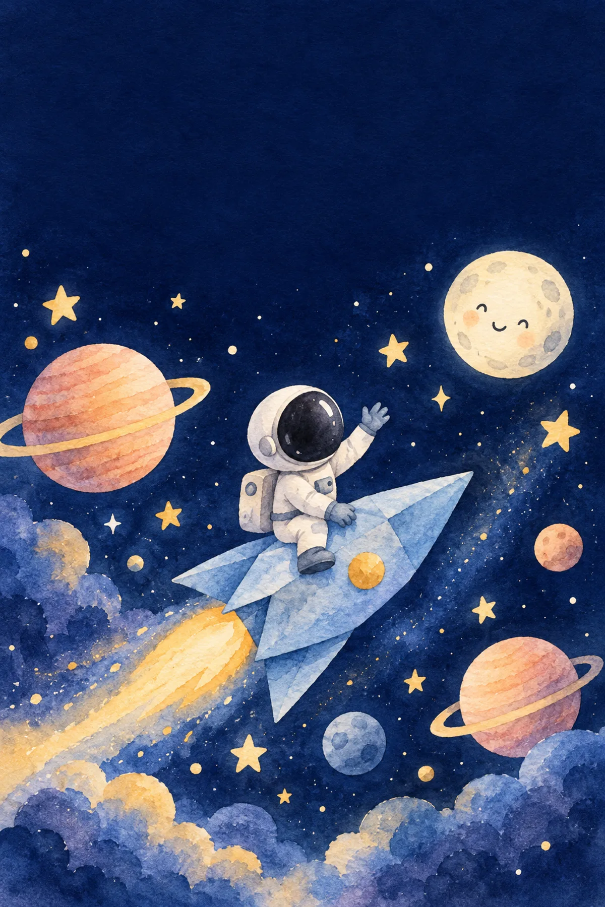 Astronauta infantil ilustrado sobre un cohete de papel entre planetas y estrellas.