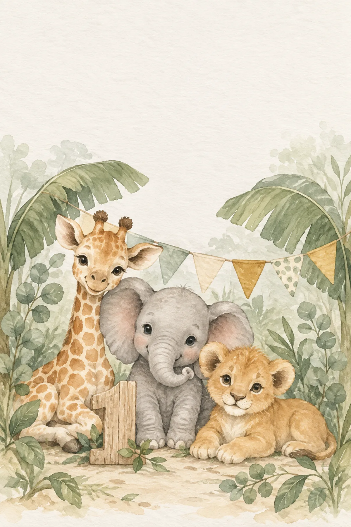 Ilustración de jirafa, elefante y león bebé para un primer cumpleaños safari.