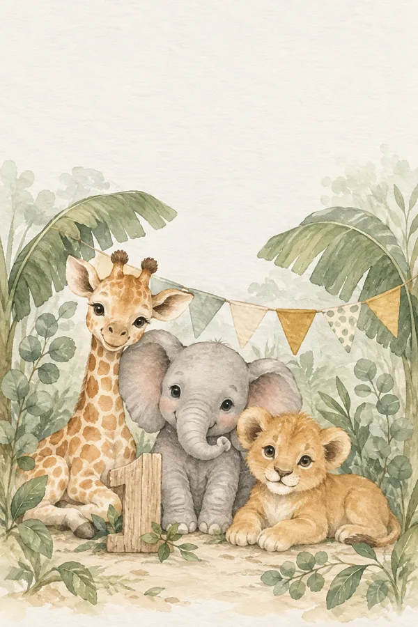 Ilustración de jirafa, elefante y león bebé para un primer cumpleaños safari.