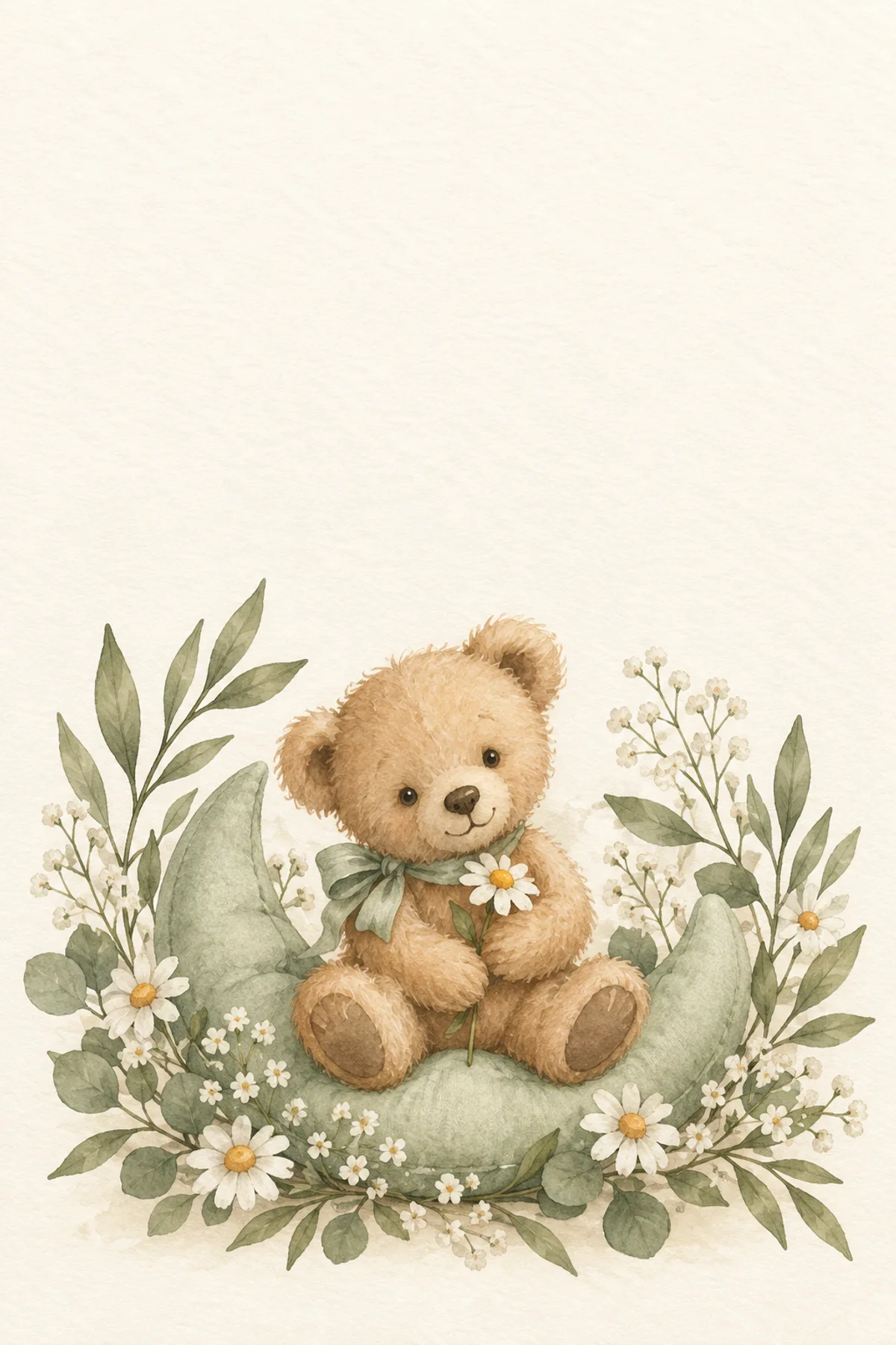 Osito, flores y hojas en acuarela, ilustración creada para Primer latido.