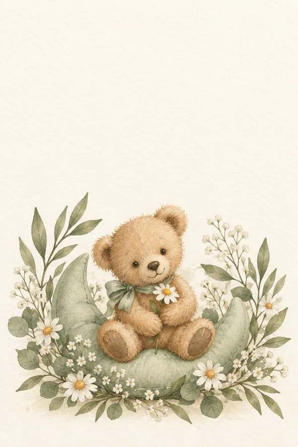 Osito, flores y hojas en acuarela, ilustración creada para Primer latido.